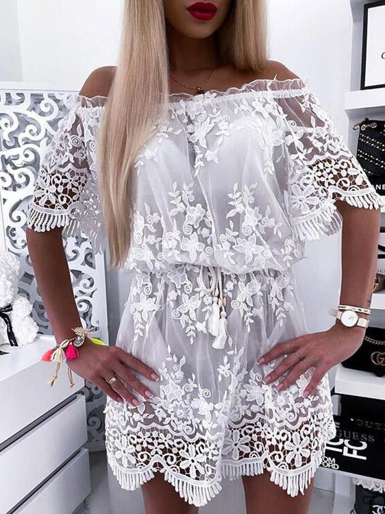 Lace One Shoulder Short Sleeve Mini Dress - LuckyFash™