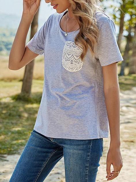 Lace Pocket Loose R-Collar Pullover T-Shirt - LuckyFash™