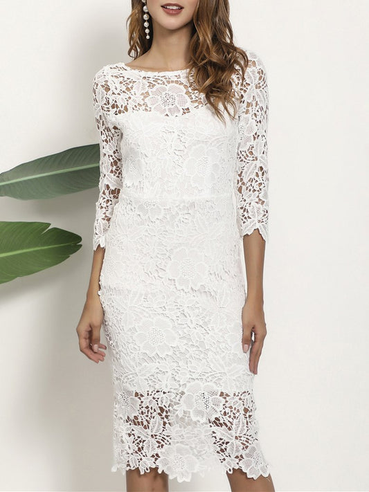 Lace Round Neck Long-sleeved Pencil Midi Dress - LuckyFash™