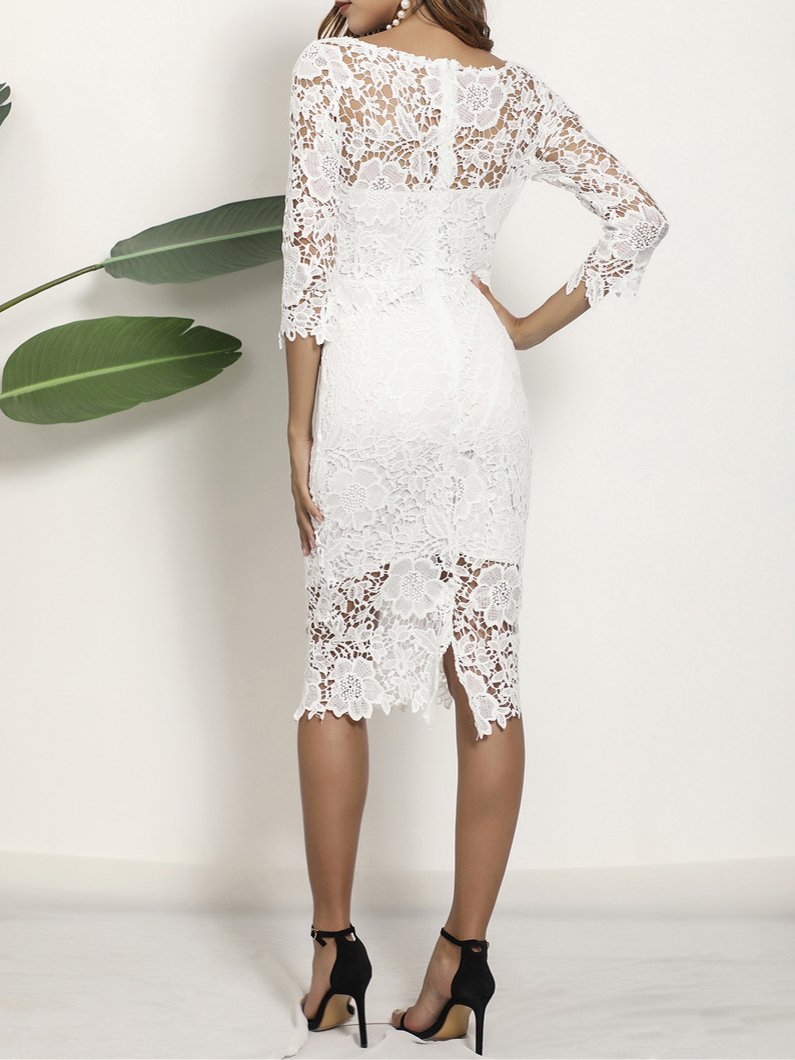 Lace Round Neck Long-sleeved Pencil Midi Dress - LuckyFash™