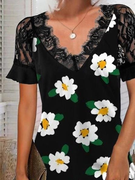 Lace Short-sleeved Fashion Print Dress - LuckyFash™