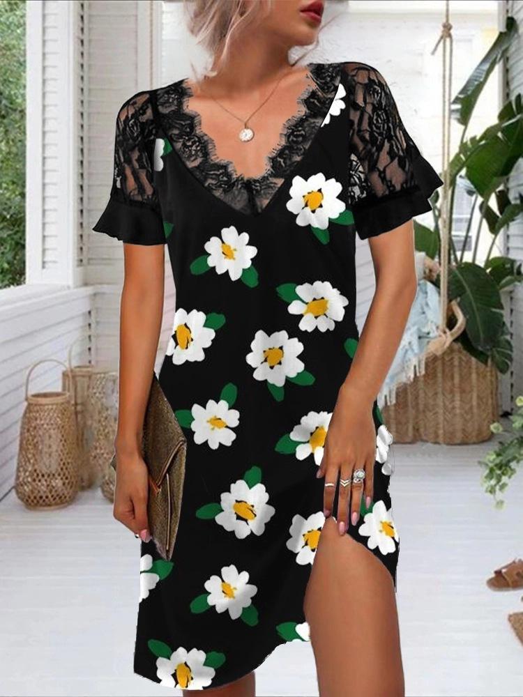 Lace Short-sleeved Fashion Print Dress - LuckyFash™