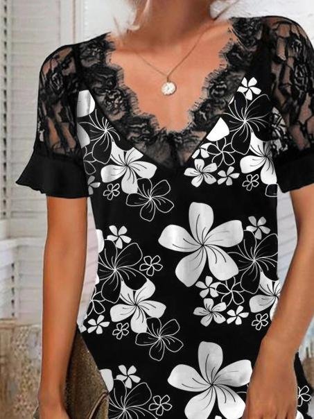 Lace Short-sleeved Fashion Print Dress - LuckyFash™
