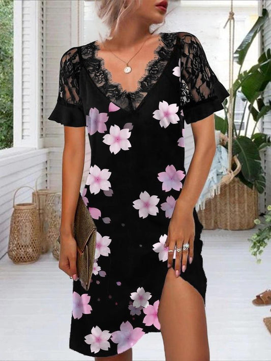 Lace Short-sleeved Fashion Print Dress - LuckyFash™