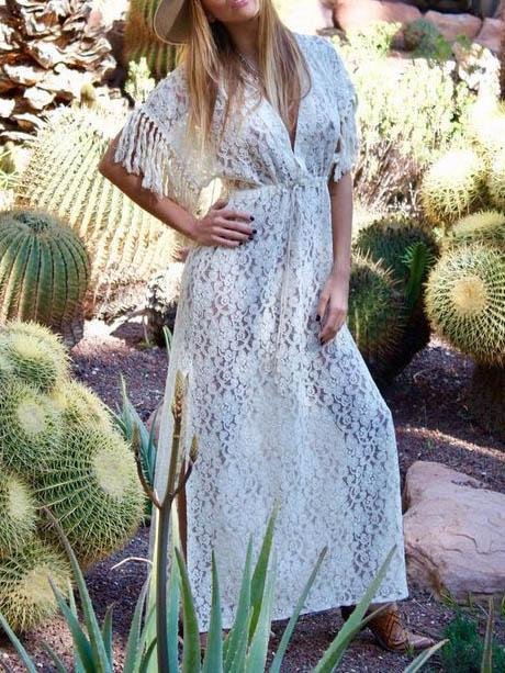 Lace Solid Color V-neck Dress - LuckyFash™