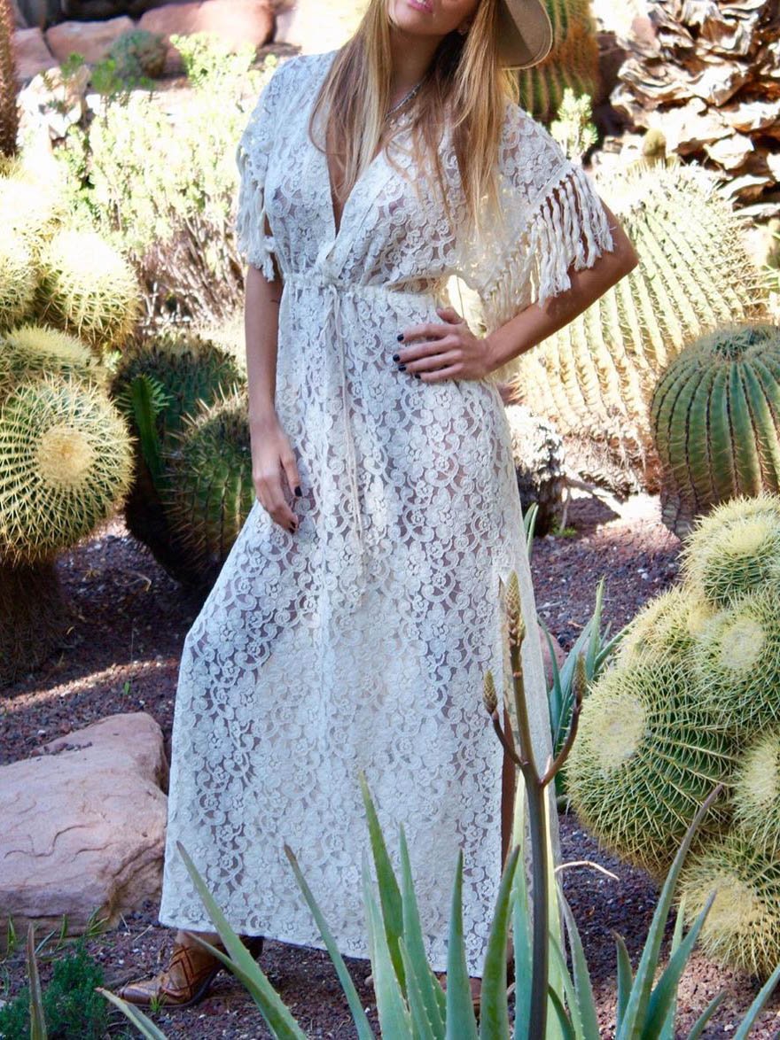 Lace Solid Color V-neck Dress - LuckyFash™