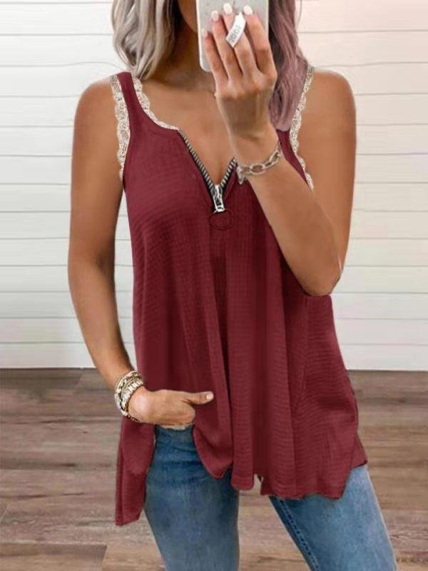 Lace Stitching Low-cut Solid Tank Top - LuckyFash™