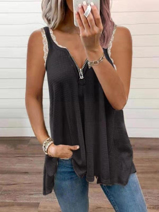 Lace Stitching Low-cut Solid Tank Top - LuckyFash™