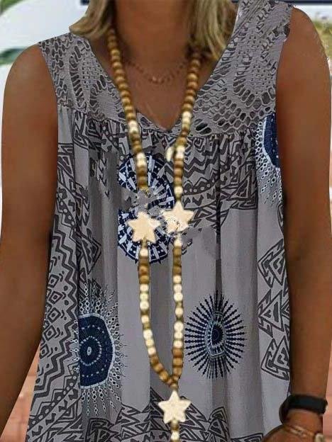 Lace Stitching Printed Sleeveless Dress - LuckyFash™