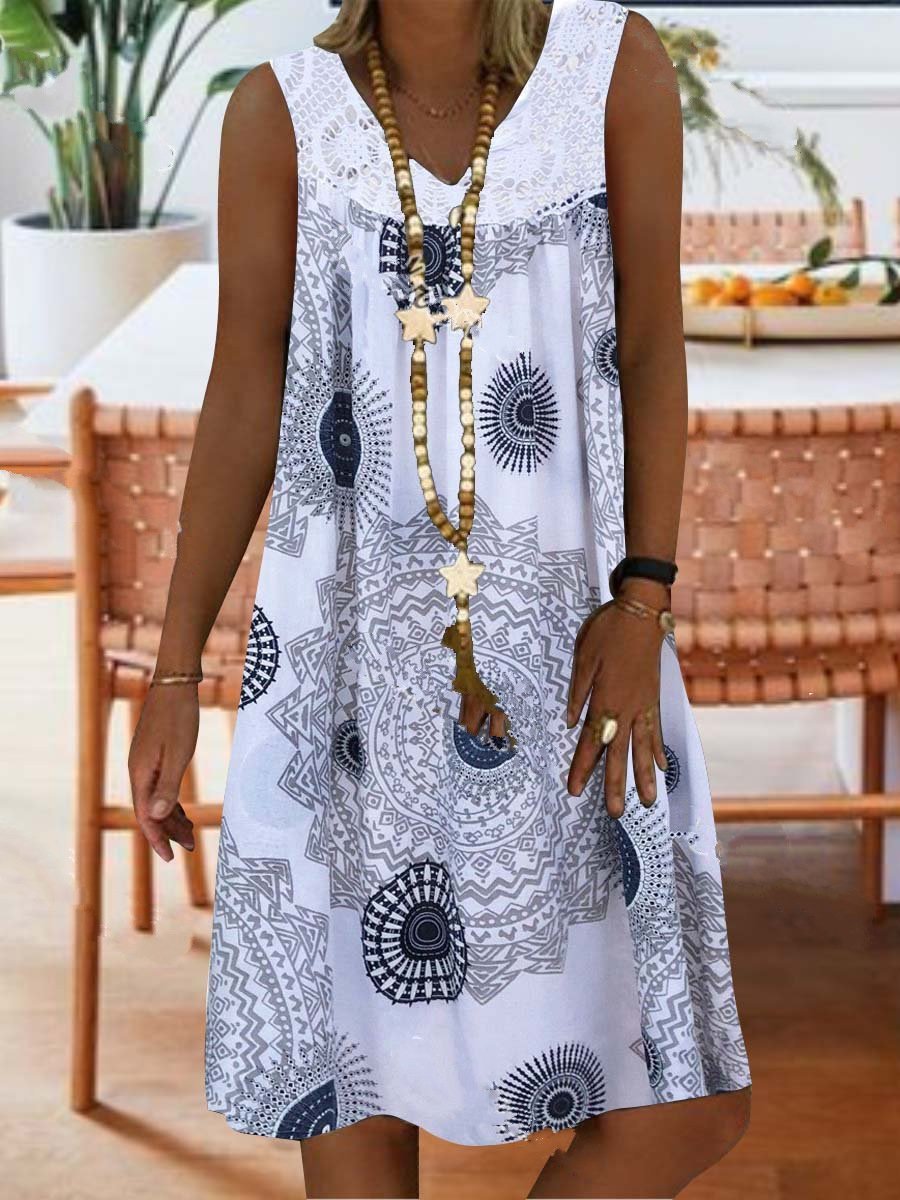 Lace Stitching Printed Sleeveless Dress - LuckyFash™