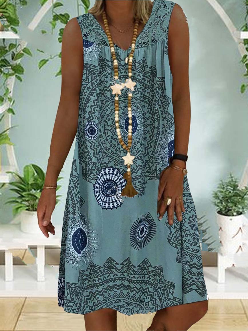Lace Stitching Printed Sleeveless Dress - LuckyFash™