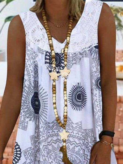 Lace Stitching Printed Sleeveless Dress - LuckyFash™