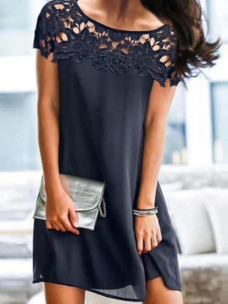 Lace Stitching Round Neck A-line Dress - LuckyFash™
