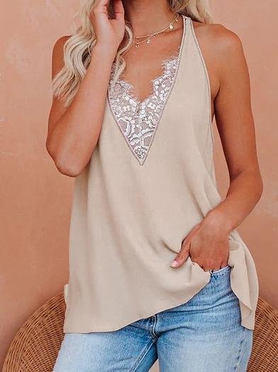 Lace Stitching Sling Type V-Neck Tank Tops - LuckyFash™
