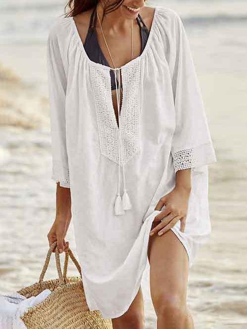Lace Stitching Solid Sunscreen Beach Mini Dresses - LuckyFash™