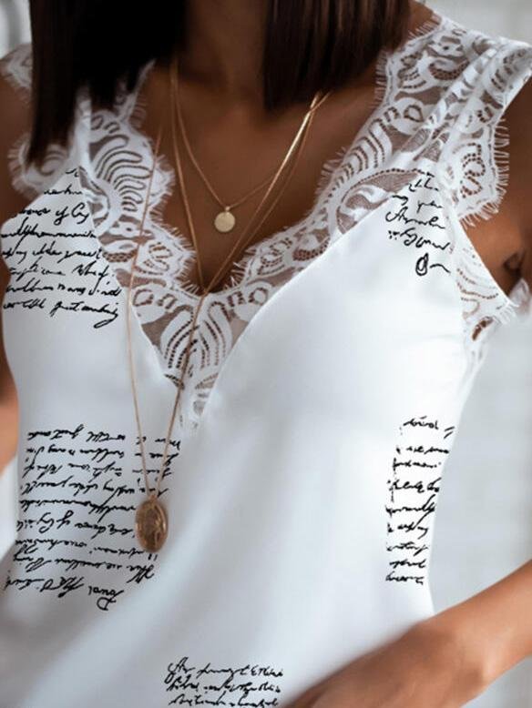 Lace Stitching V-Neck Printing Tank Tops - LuckyFash™