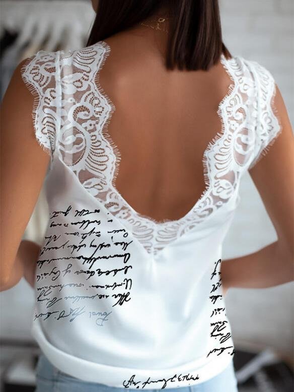 Lace Stitching V-Neck Printing Tank Tops - LuckyFash™