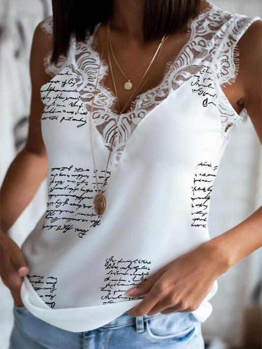 Lace Stitching V-Neck Printing Tank Tops - LuckyFash™