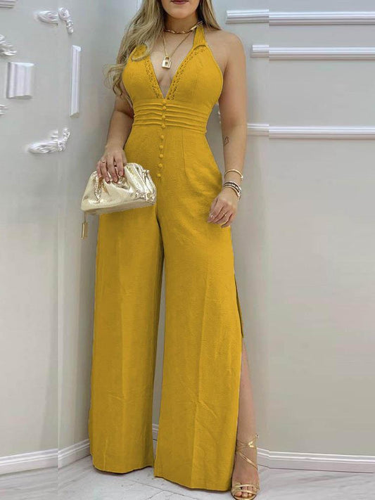 Lace Trim Buttoned Backless Slit Jumpsuit - LuckyFash™
