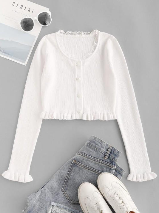 Lace Trim Frilled Ribbed Slim Knitwear - LuckyFash™