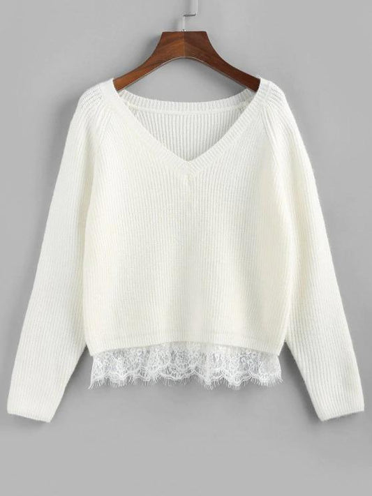 Lace Trim Raglan Sleeve Sweater - LuckyFash™