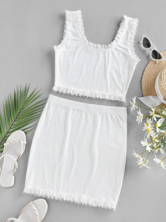 Lace Trim Ribbed Two Piece Mini Dress - LuckyFash™