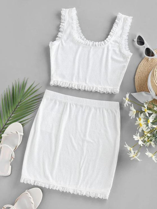 Lace Trim Ribbed Two Piece Mini Dress - LuckyFash™
