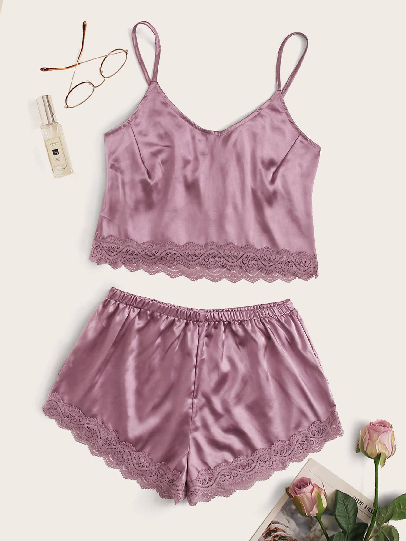 Lace Trim Satin Cami With Shorts - LuckyFash™