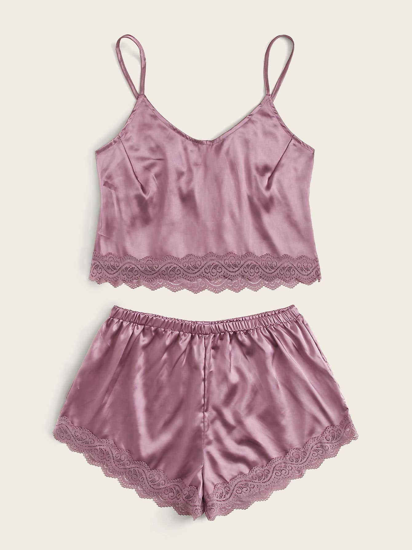 Lace Trim Satin Cami With Shorts - LuckyFash™