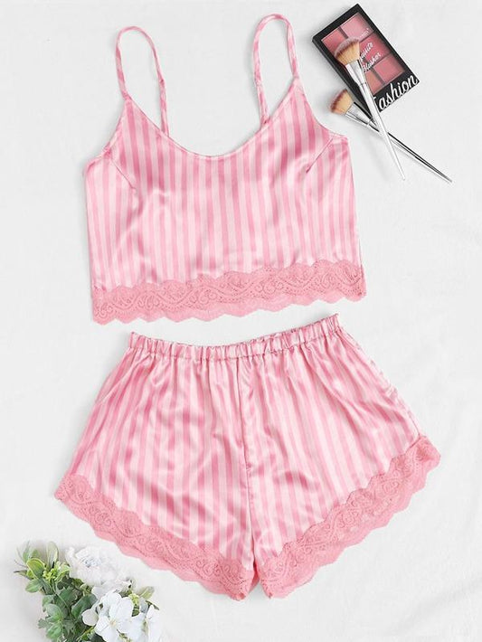 Lace Trim Satin Cami With Shorts - LuckyFash™