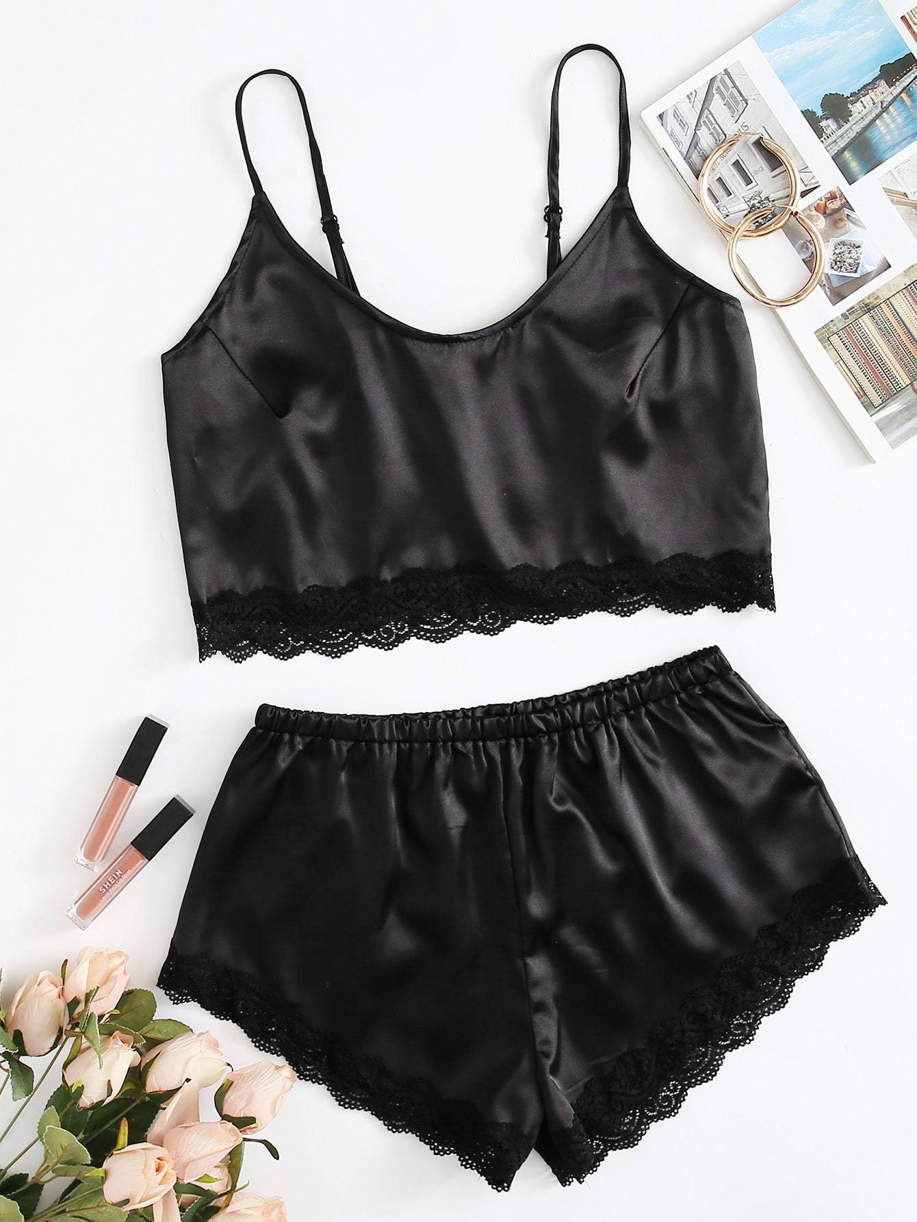 Lace Trim Satin Cami With Shorts - LuckyFash™