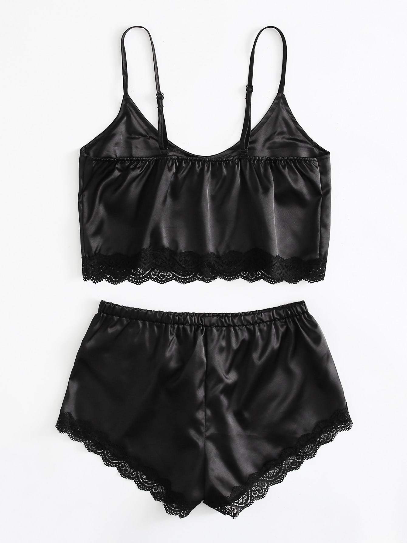 Lace Trim Satin Cami With Shorts - LuckyFash™