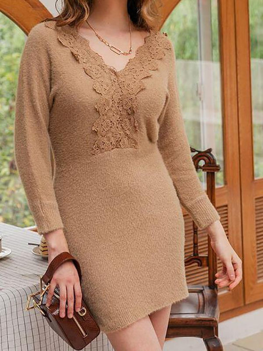 Lace Trim Tie Back Fuzzy Sweater Dress Without Belt - LuckyFash™
