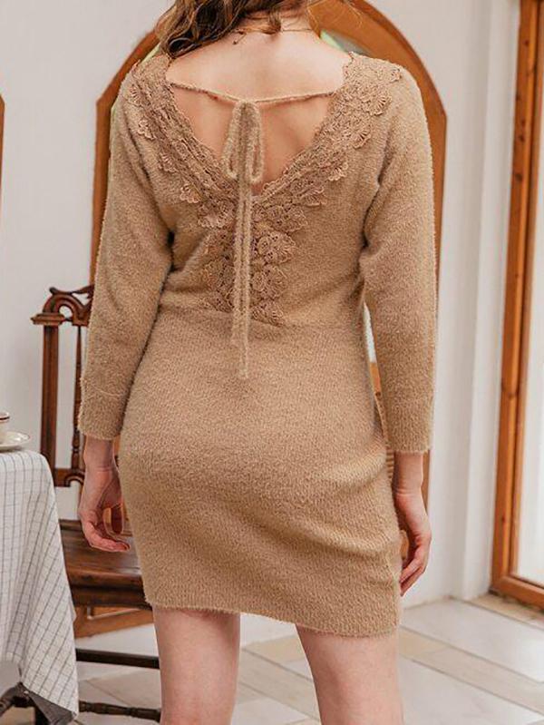 Lace Trim Tie Back Fuzzy Sweater Dress Without Belt - LuckyFash™