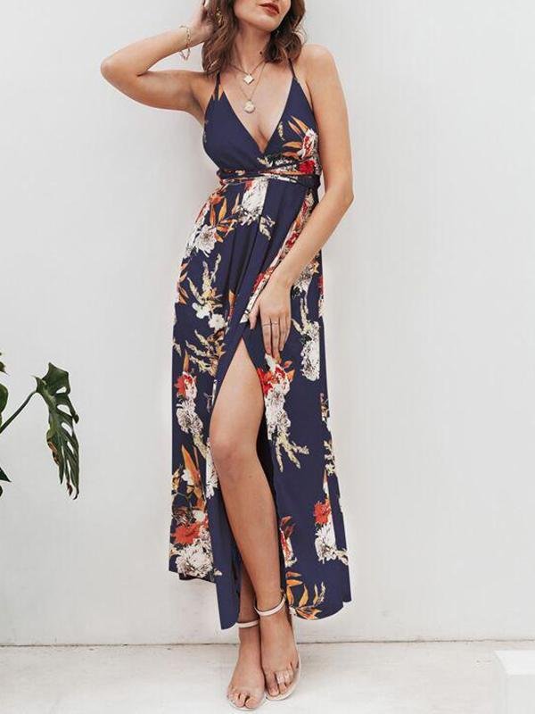 Lace Up Backless Pleated Wrap Hem Floral Dress - LuckyFash™