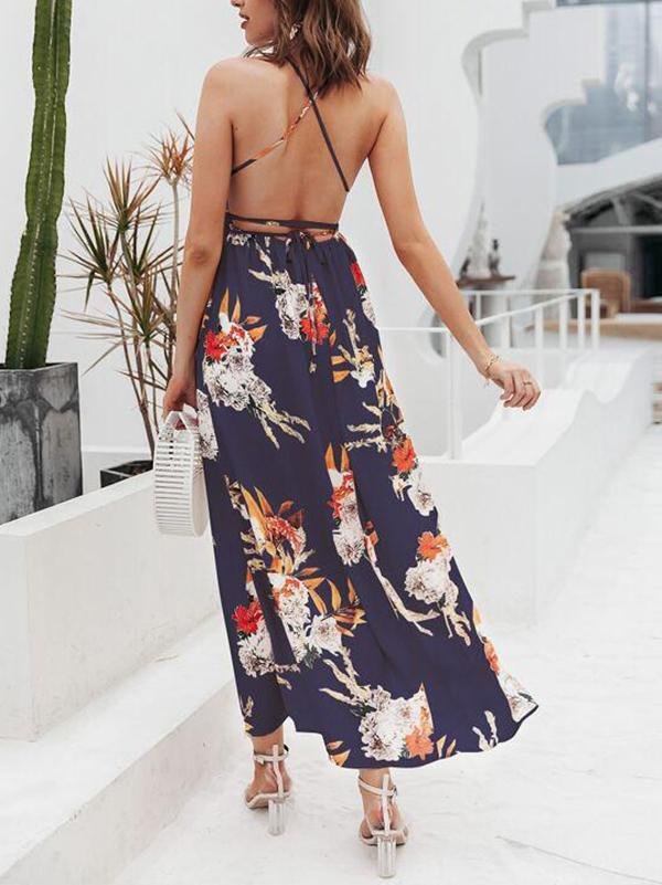 Lace Up Backless Pleated Wrap Hem Floral Dress - LuckyFash™
