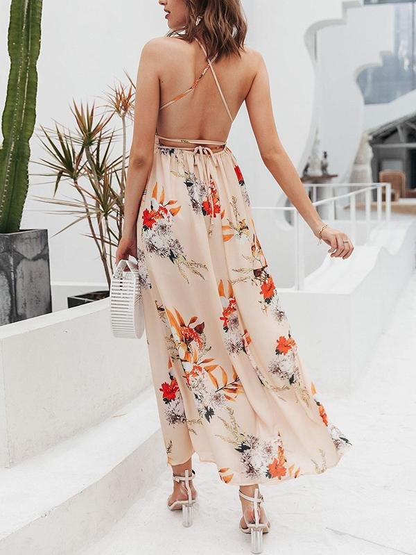 Lace Up Backless Pleated Wrap Hem Floral Dress - LuckyFash™