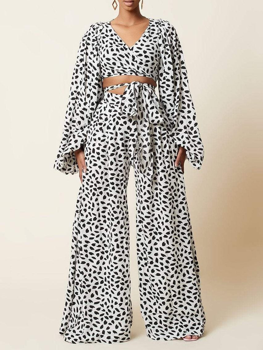 Lace-up Cardigan & Loose Wide-leg Pants Leopard Print Suit - LuckyFash™