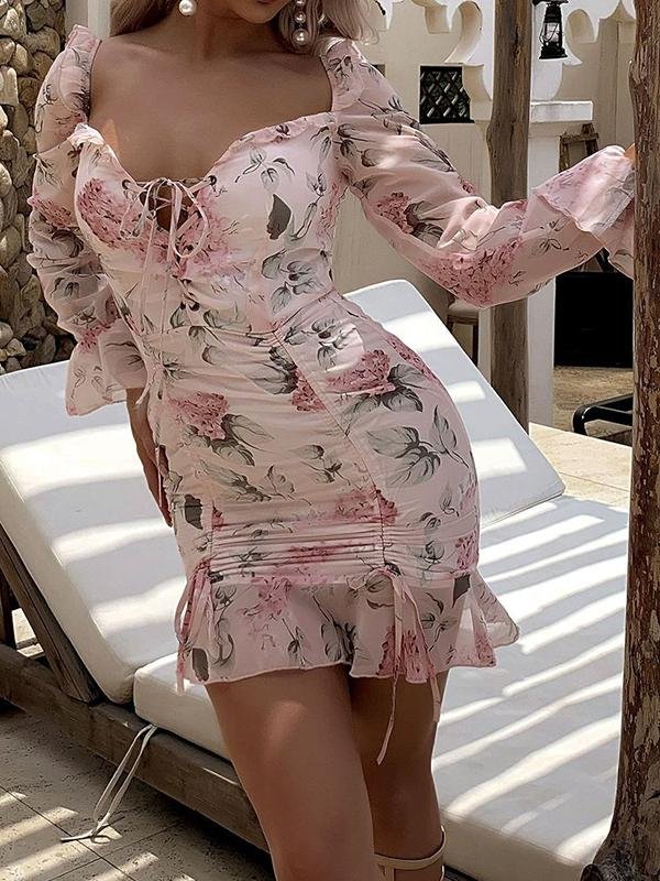 Lace Up Drawstring Knot Ruffle Hem Floral Dress - LuckyFash™