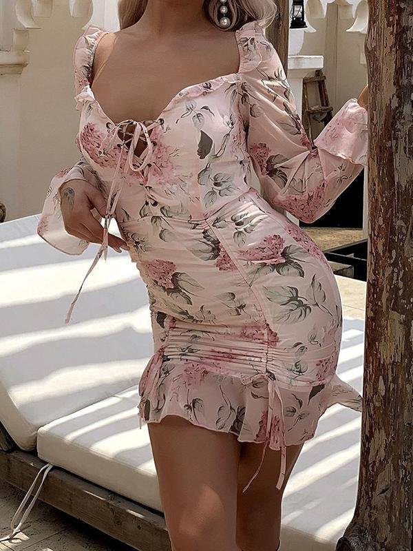 Lace Up Drawstring Knot Ruffle Hem Floral Dress - LuckyFash™