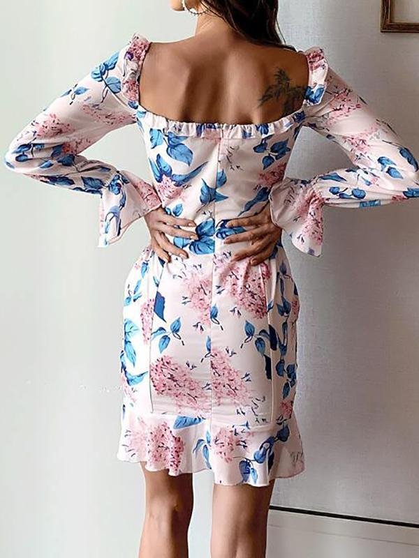Lace Up Drawstring Knot Ruffle Hem Floral Dress - LuckyFash™