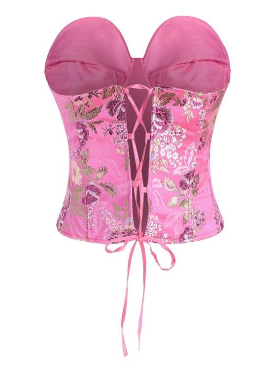 Lace Up Floral Jacquard Oriental Corset Top - LuckyFash™