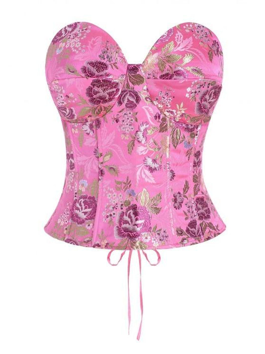 Lace Up Floral Jacquard Oriental Corset Top - LuckyFash™