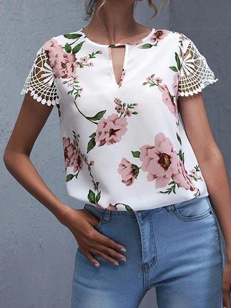 Lace Up Floral Printed Top Hollow Out Sleeve Blouse - LuckyFash™