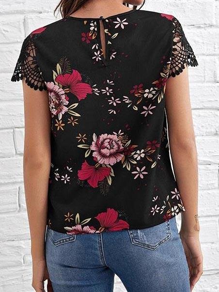 Lace Up Floral Printed Top Hollow Out Sleeve Blouse - LuckyFash™