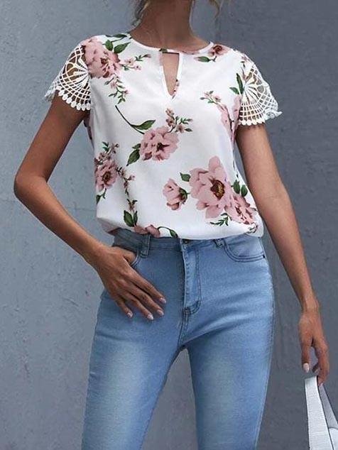 Lace Up Floral Printed Top Hollow Out Sleeve Blouse - LuckyFash™