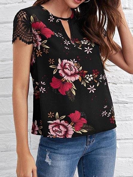 Lace Up Floral Printed Top Hollow Out Sleeve Blouse - LuckyFash™