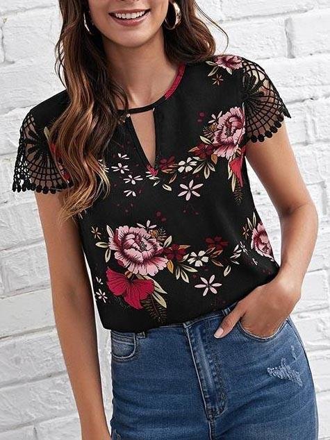 Lace Up Floral Printed Top Hollow Out Sleeve Blouse - LuckyFash™
