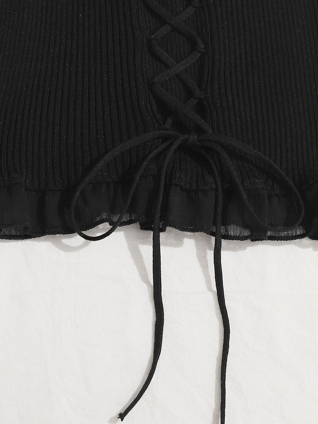 Lace Up Knot Mesh Frill Trim Rib-knit Top - LuckyFash™