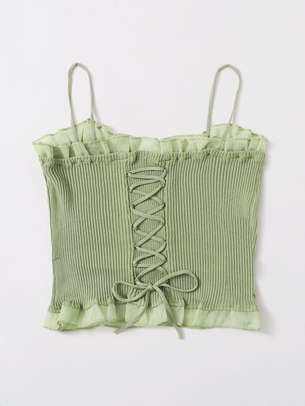 Lace Up Knot Mesh Frill Trim Rib-knit Top - LuckyFash™